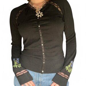 Vintage Black Floral Sweater w/ Gem Buttons & Lace – Size S